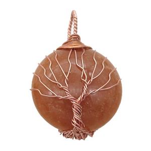 red Aventurine pendant with wire wrapped, tree of life, rose gold, approx 25mm dia