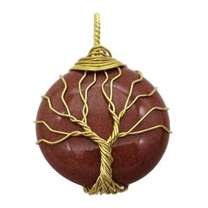 gold SandStone pendant with wire wrapped, tree of life, gold plated, approx 25mm dia