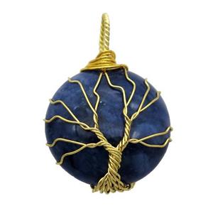 blue Sodalite pendant with wire wrapped, tree of life, gold plated, approx 25mm dia