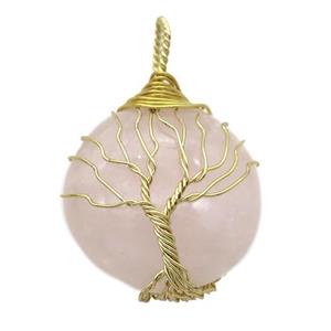 Rose Quartz pendant with wire wrapped, tree of life, gold plated, approx 25mm dia