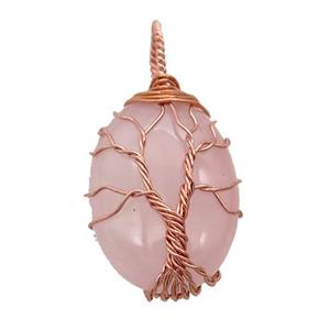 Rose Quartz oval pendant with wire wrapped, tree of life, rose gold, approx 18-25mm