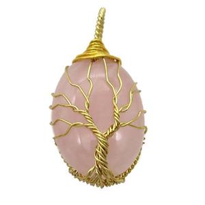 Rose Quartz oval pendant with wire wrapped, tree of life, gold plated, approx 18-25mm