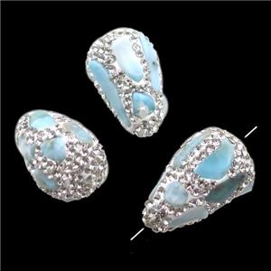 Clay teardrop Beads paved white rhinestone with Larimar, approx 15-25mm