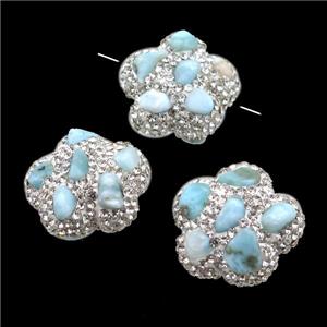 Clay Beads paved rhinestone with Larimar, plum blossom, approx 21mm dia