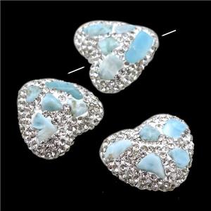 Clay heart Beads paved rhinestone with Larimar, approx 20mm