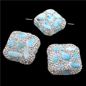 Clay square Beads paved rhinestone with Larimar, approx 20-25mm