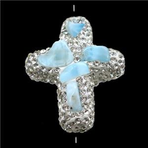 white Clay cross Beads paved rhinestone with Larimar, approx 28-35mm