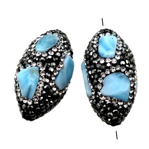Clay barrel Beads paved black rhinestone with Larimar, rice, approx 20-33mm