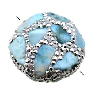 Clay Beads paved silver rhinestone with Larimar, circle, approx 25-28mm dia
