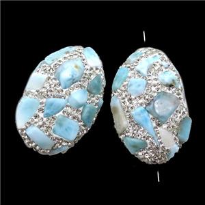 Clay oval Beads paved rhinestone with Larimar, approx 25-45mm