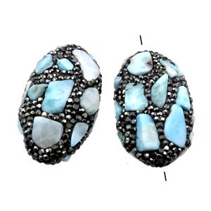 Clay oval Beads paved rhinestone with Larimar, approx 25-45mm