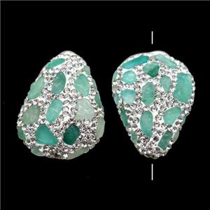 Clay teardrop Beads paved rhinestone with Chrysoprase, approx 22-30mm
