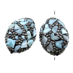 Clay Beads paved rhinestone with Larimar, oval, approx 18-28mm