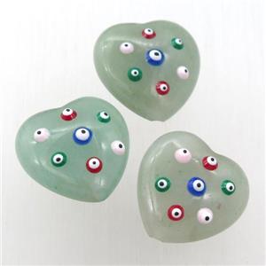 green Aventurine heart Beads with evil eye, approx 20mm