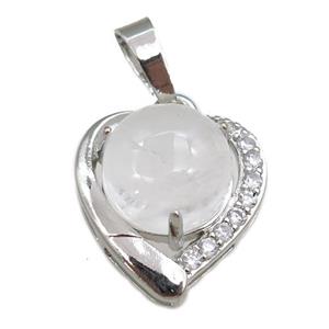 clear quartz pendant paved rhinestone, heart, platinum plated, approx 11mm, 17mm