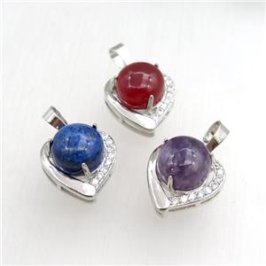 mix gemstone pendant paved rhinestone, heart, platinum plated, approx 11mm, 17mm