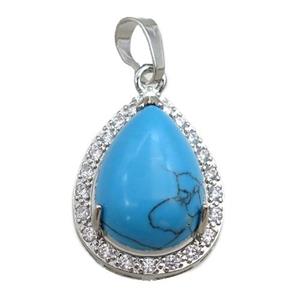blue synthetic turquoise pendant paved rhinestone, teardrop, platinum plated, approx 13-18mm, 18-25mm