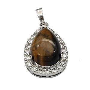 tiger eye stone pendant paved rhinestone, teardrop, platinum plated, approx 13-18mm, 18-25mm