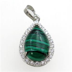 green malachite pendant paved rhinestone, teardrop, platinum plated, approx 13-18mm, 18-25mm