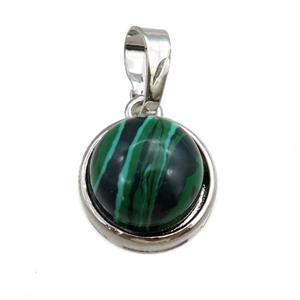 green malachite pendant, circle, platinum plated, approx 11mm, 13mm dia