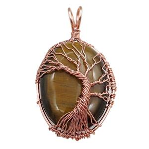 tiger eye stone oval pendant with tree of life, wire wrapped, approx 30-40mm