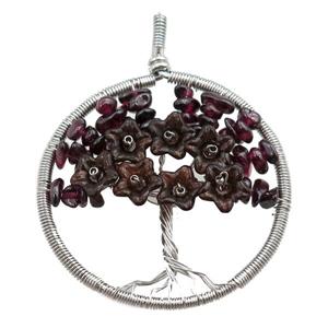 garnet pendant, tree of life, wire wrapped, approx 45mm