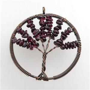 garnet pendant, tree of life, wire wrapped, approx 45mm