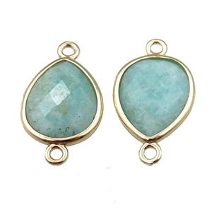 green Amazonite connector, faceted teardrop, gold plated, approx 12-16mm