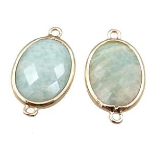 green Amazonite connector, faceted oval, gold plated, approx 13-16mm