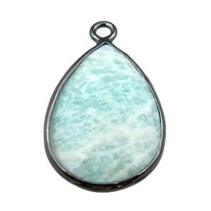 green Amazonite pendant, faceted teardrop, black plated, approx 18-25mm