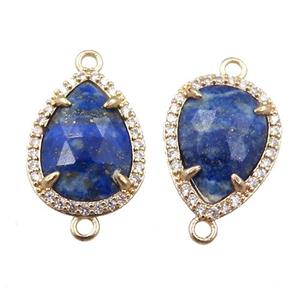 lapis connector pave rhinestone, faceted teardrop, approx 12-16mm