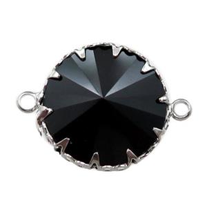 black crystal glass circle connector, platinum plated, approx 17mm dia