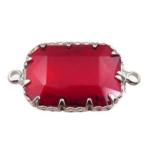 red crystal glass rectangle connector, platinum plated, approx 14-19mm