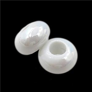 Europe style white Pearlized Glass rondelle beads, AB-color electroplated, approx 15mm dia, 6mm hole