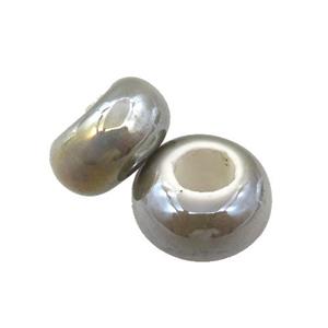 Europe style gray Pearlized Glass rondelle beads, AB-color electroplated, approx 15mm dia, 6mm hole