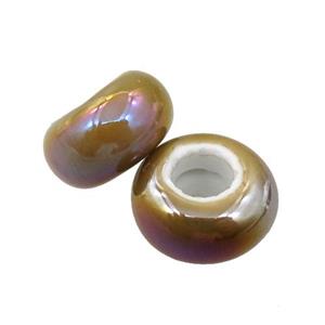 Europe style brown Pearlized Glass rondelle beads, AB-color electroplated, approx 15mm dia, 6mm hole