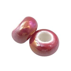 Europe style red Pearlized Glass rondelle beads, AB-color electroplated, approx 15mm dia, 6mm hole