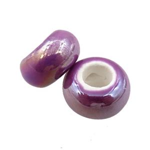 Europe style purple Pearlized Glass rondelle beads, AB-color electroplated, approx 15mm dia, 6mm hole