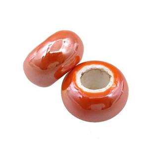 Europe style orange Pearlized Glass rondelle beads, light electroplated, approx 15mm dia, 6mm hole
