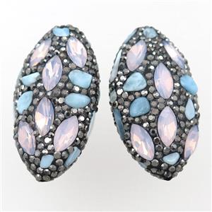 Clay oval beads paved rhinestone with larimar, approx 20-40mm