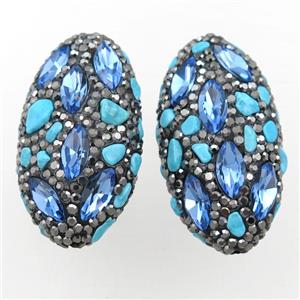 Clay oval beads paved rhinestone with turquoise, approx 20-40mm