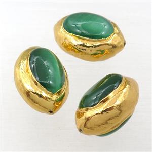 green Cat Eye Glass barrel beads, gold plated, approx 18-25mm