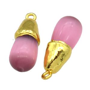 pink Cat eye stone pendant, teardrop, gold plated, approx 10-25mm