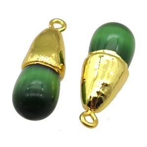 green Cat eye stone pendant, teardrop, gold plated, approx 10-25mm