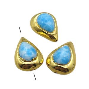 Larimar teardrop Beads, blue dye treated, gold plated, approx 20-30mm