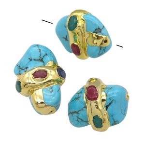 blue Magnesite Turquoise beads, freeform, gold plated, approx 18-28mm