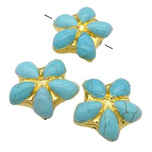blue Magnesite Turquoise beads, flower , gold plated, approx 35mm