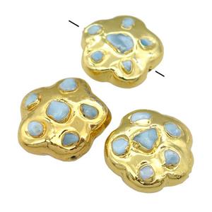 Larimar flower beads, gold plated, approx 24mm