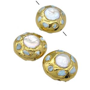 Baroque Style Pearl button Beads, gold plated, approx 25mm