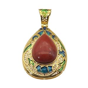 copper Teardrop pendant with red jasper, enamel, gold plated, approx 15-20mm, 27-35mm, 6mm hole